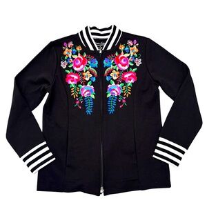 Linea Leisure Floral Embroidered Baseball Varsity Jacket Boho Black Multi Small